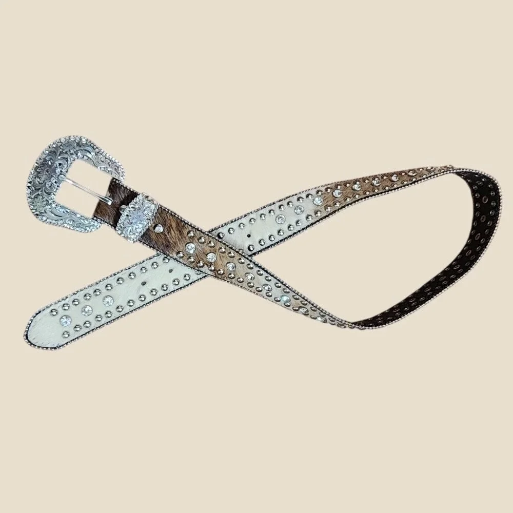 Vintage Nocona Belt Co Rhinestone Genuine‎ Leather Western Belt Silver Calf Hair